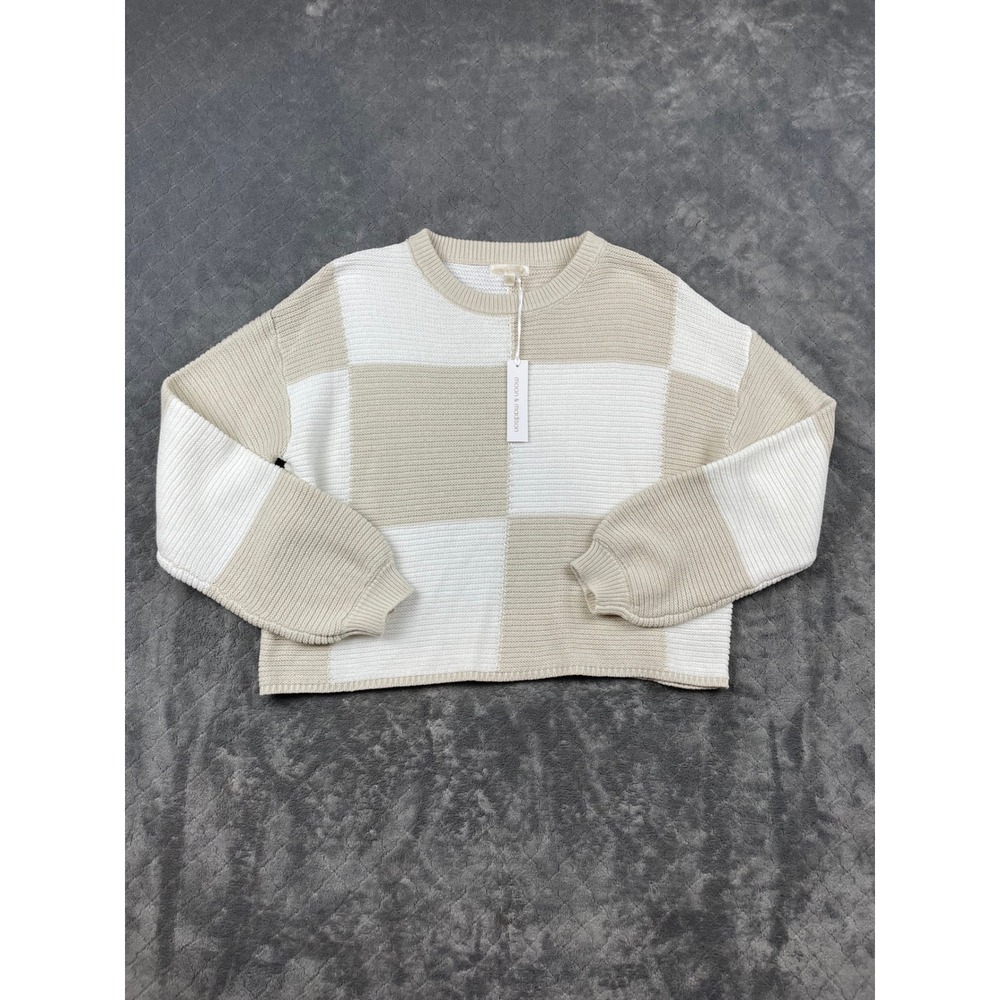Moon & Madison Checkerboard Knit Sweater Beige White Crew Neck Long Sleeve‎ Sz M